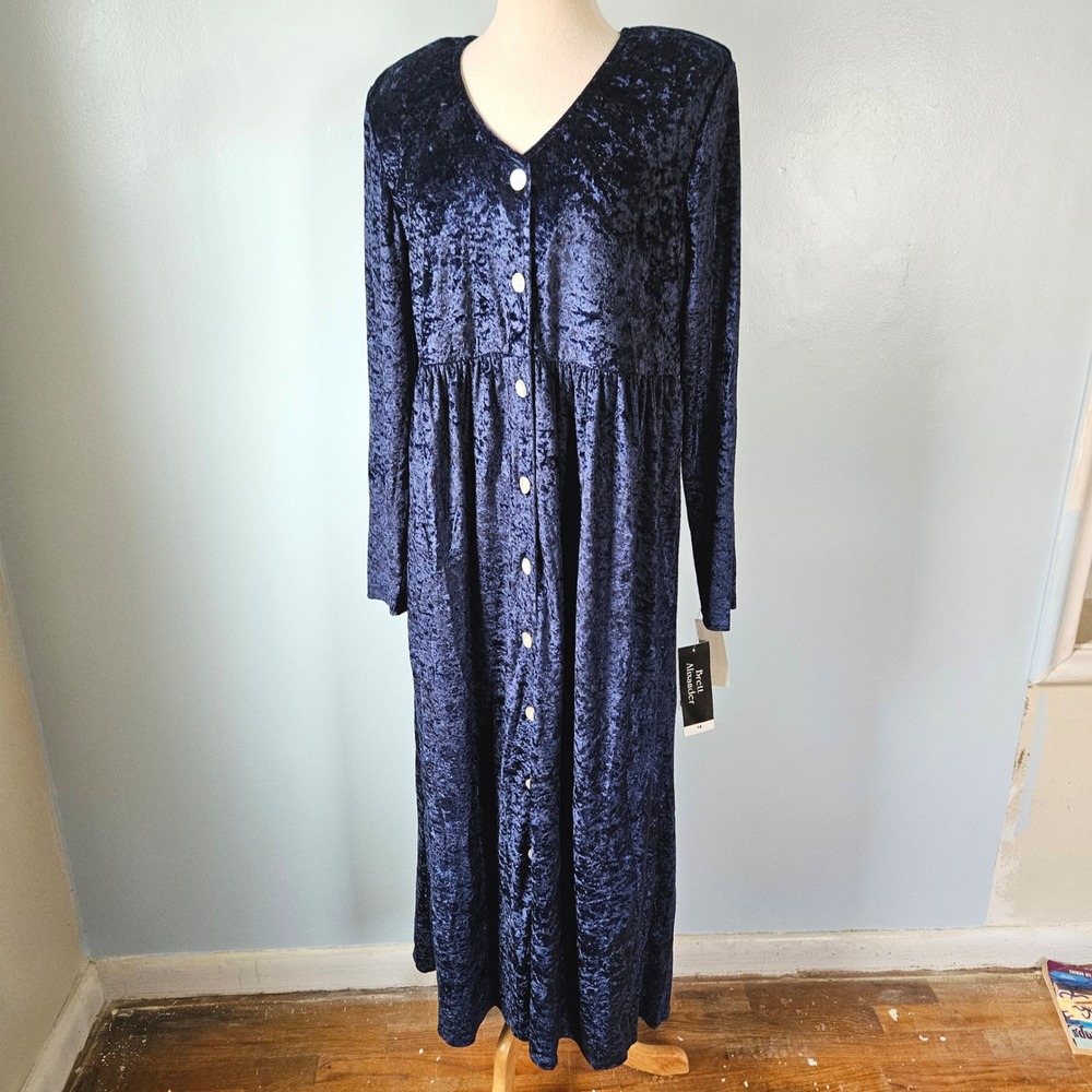 Brett Alixander Vtg 1990s Navy Blue Crushed Velvet Maxi Dress Size 14 NWT NEW